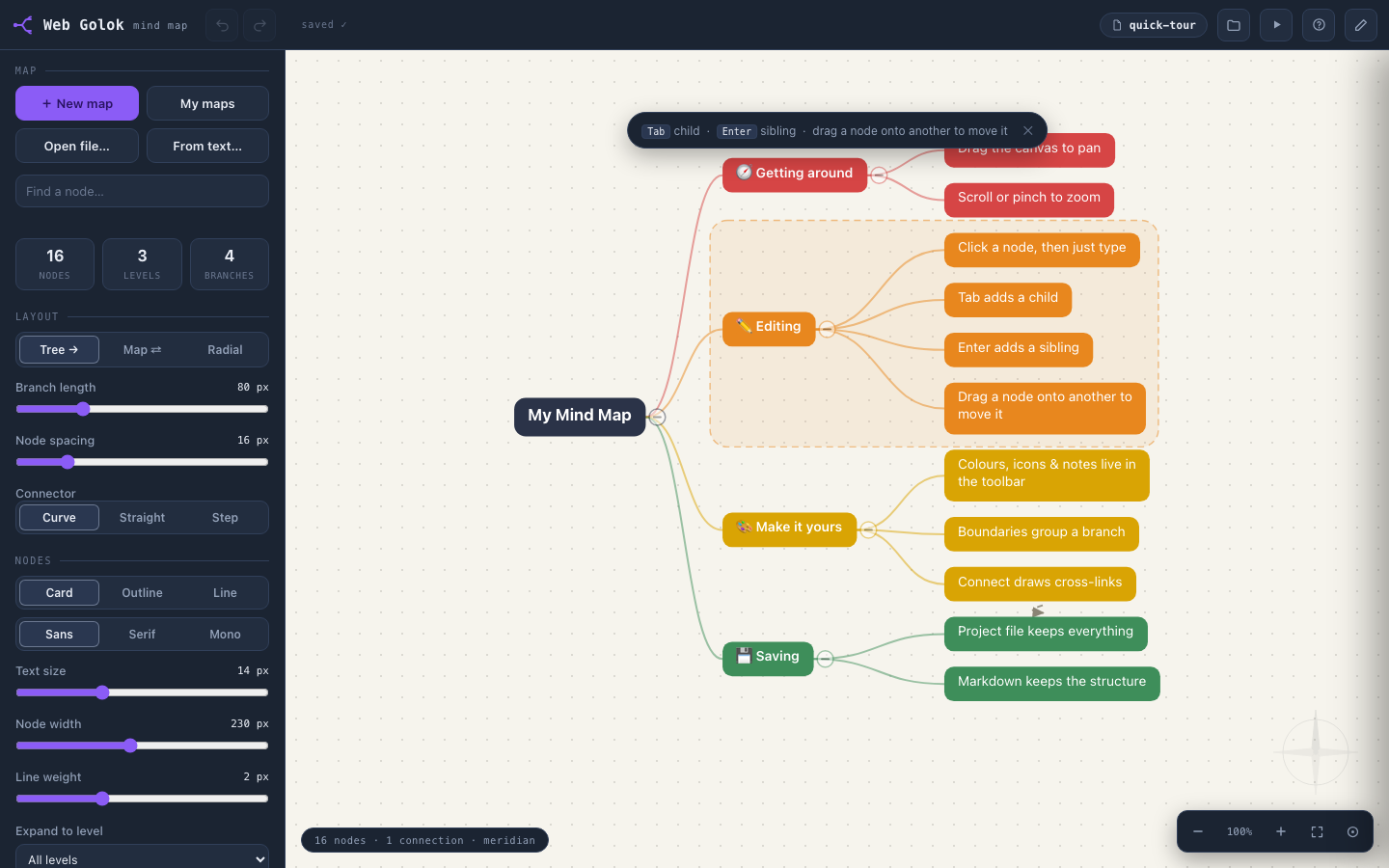 The Web Golok Mind Map editor: a colourful mind map spread across the dark canvas, with the toolbar and side panel visible
